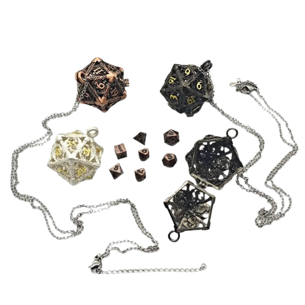 Hollow Metal Dice Necklace w/ Dice Set