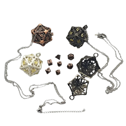 Hollow Metal Dice Necklace w/ Dice Set